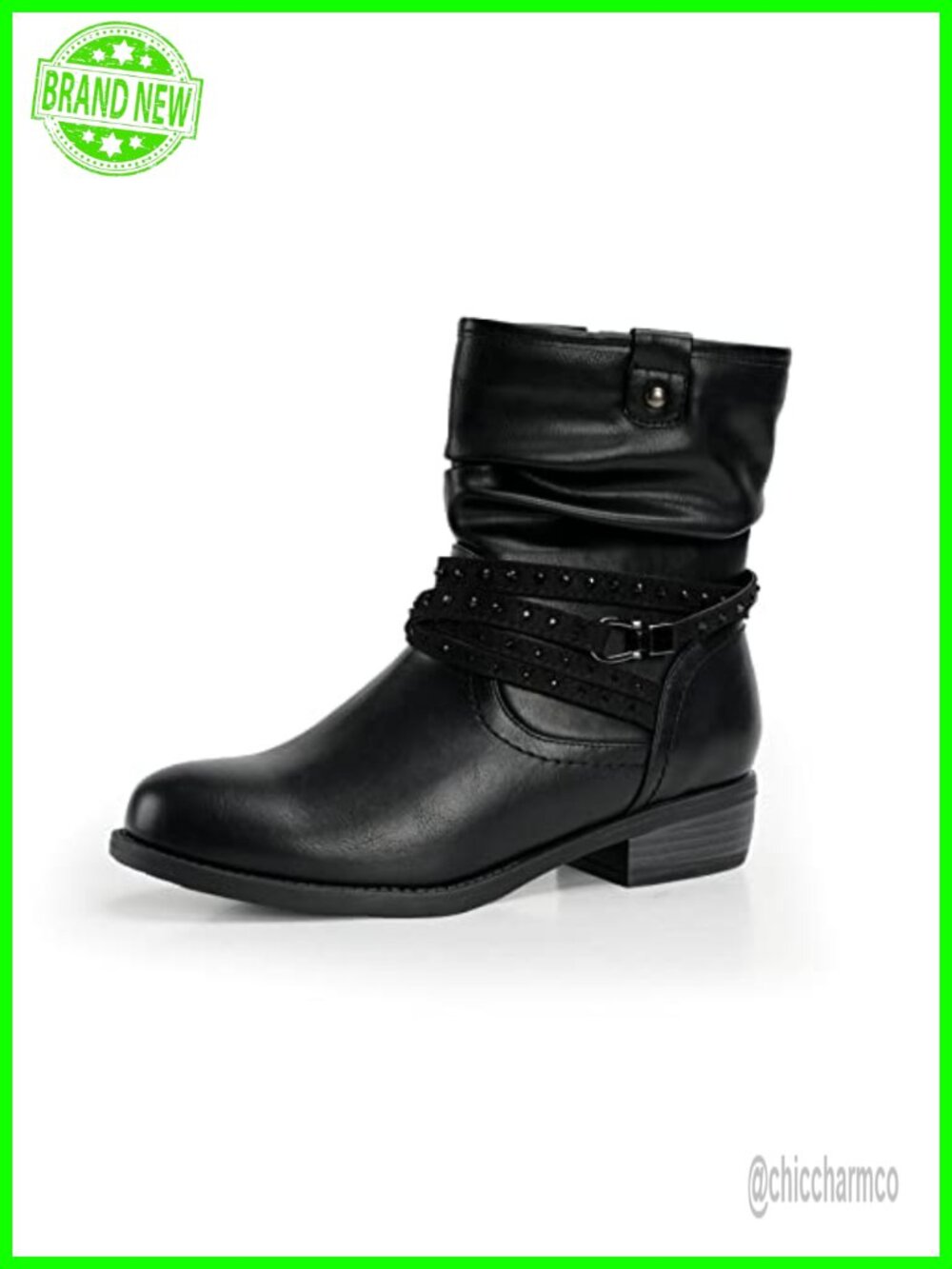 Women's Mid Calf Boot Round Toe Faux Leather Slouchy Bootie Side Zip
